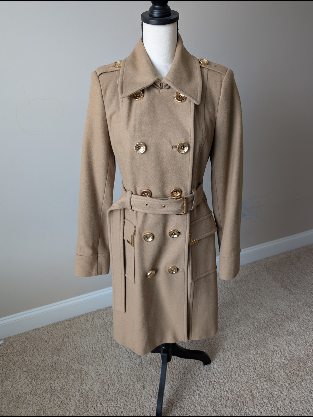 Michael Kors Camel Double-Breasted Pea Coat with Gold Buttons